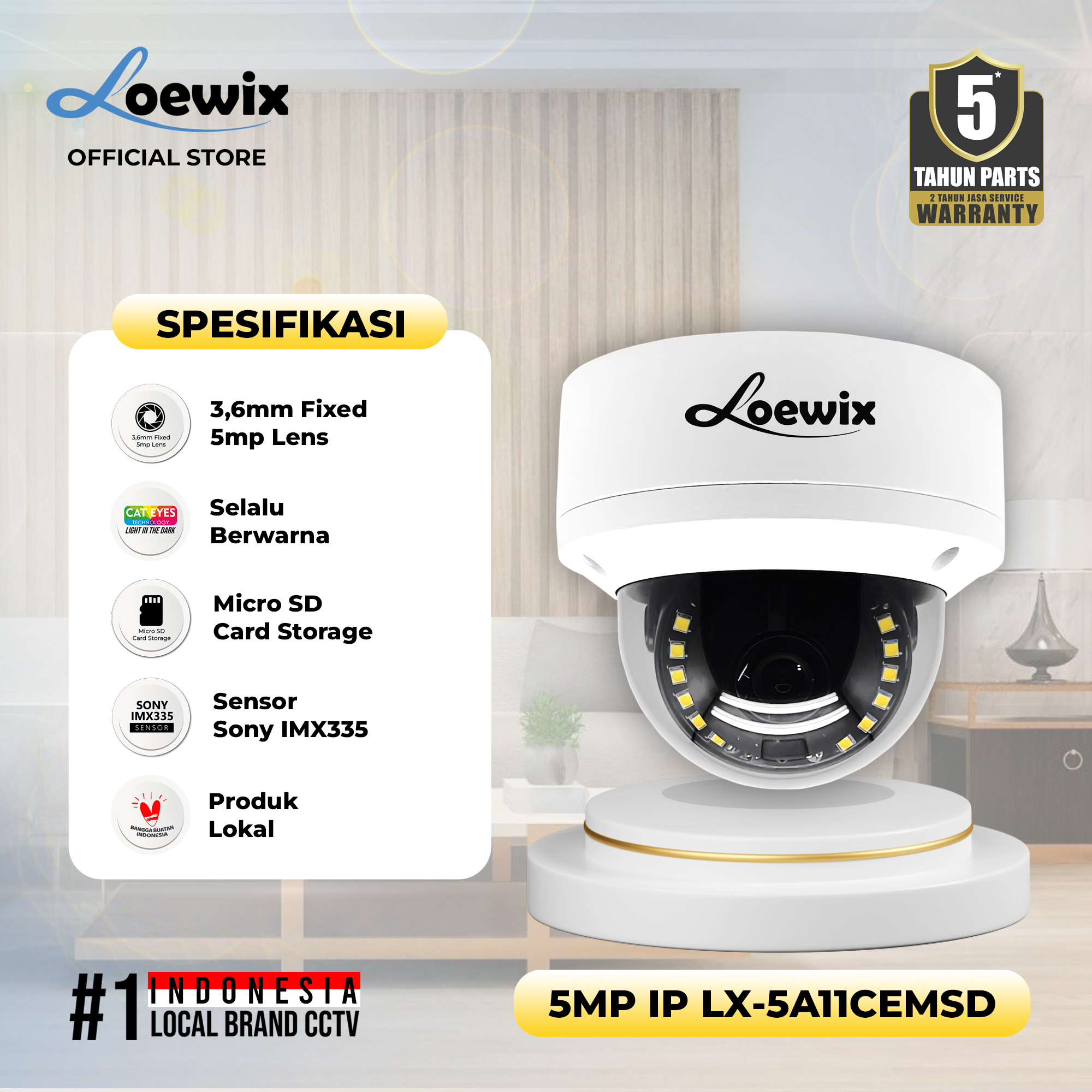 LOEWIX #LX-5A11CEMSD IP CAMERA INDOOR 5MP CATEYES, MIC, SDCARD